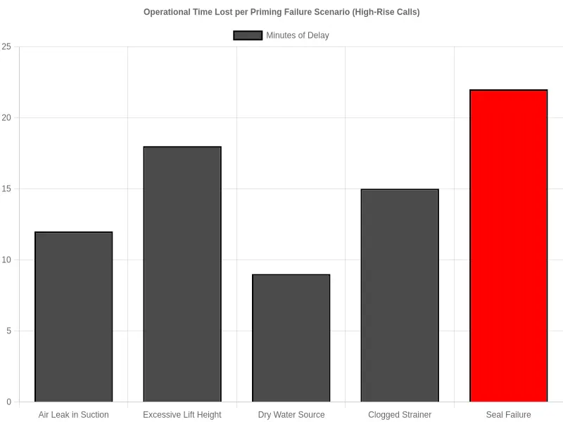 Bar chart comparing minutes of delay lost across five fire pump priming failure scenarios on high-rise calls: Air Leak in Suction (12 min), Excessive Lift Height (18 min), Dry Water Source (9 min), Clogged Strainer (15 min), and the worst offender, Seal Failure (22 min), highlighted in red.