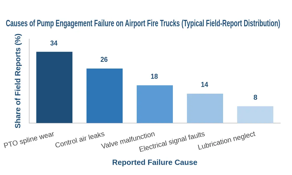 Bar chart titled "Causes of Pump Engagement Failure on Airport Fire Trucks (Typical Field-Report Distribution)" showing PTO spline wear 34%, control air leaks 26%, valve malfunction 18%, electrical signal faults 14%, and lubrication neglect 8%.