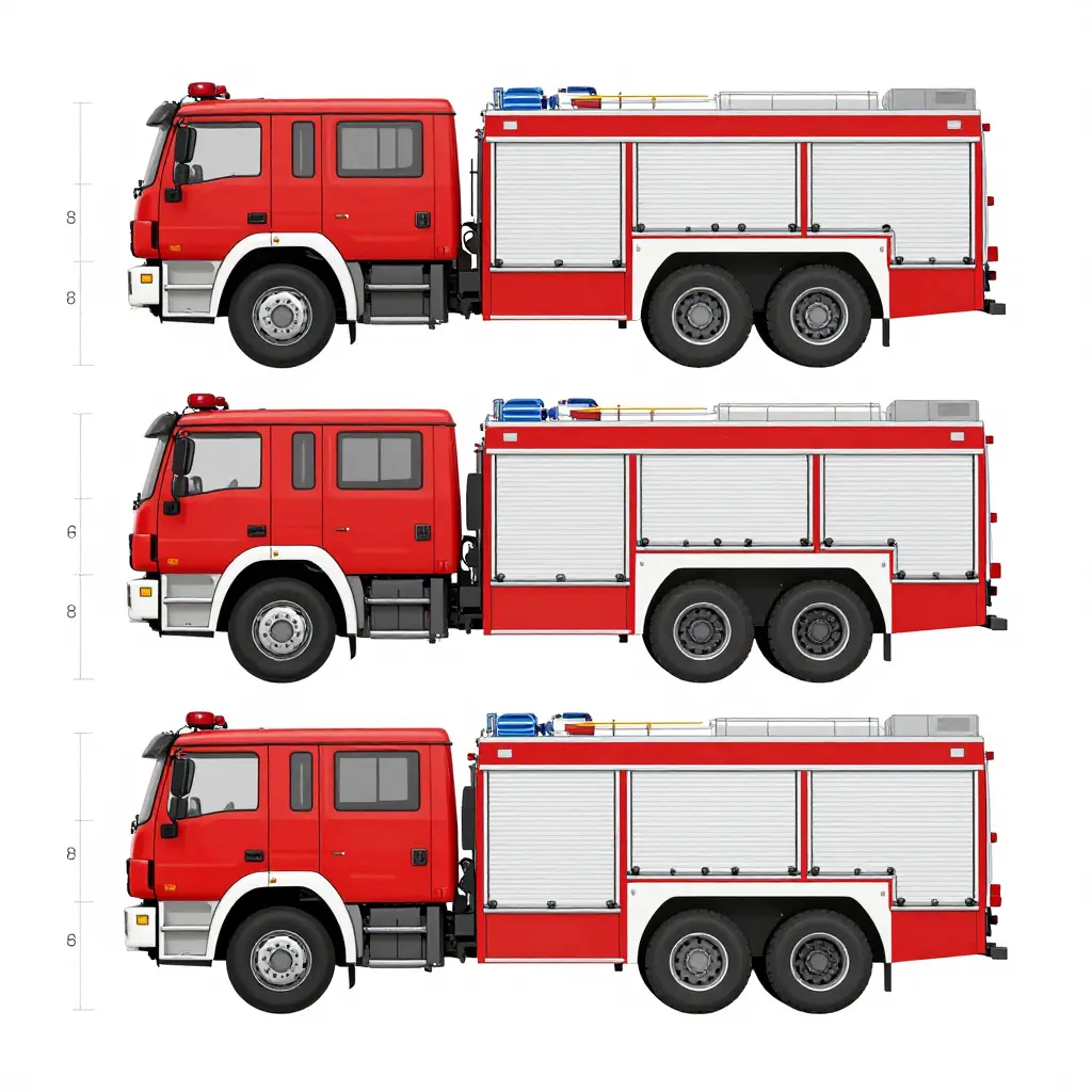 Technical side-profile diagram of ARFF trucks labeled 4x4 with two axles, 6x6 with three axles, and 8x8 with four axles