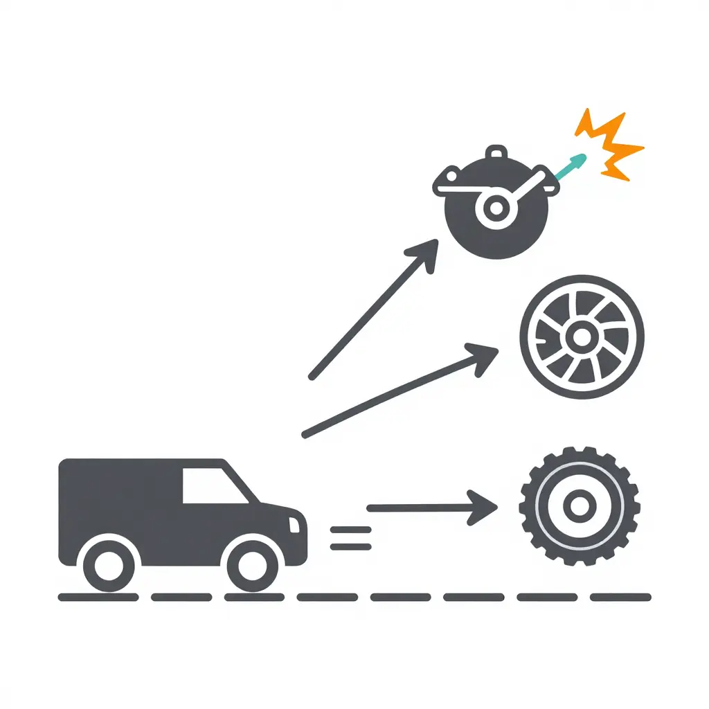 Flat 2D schematic of an ARFF truck decelerating, with branching arrows showing kinetic energy routed into friction brakes, an integrated retarder, and tire-to-surface friction, plus a small heat-dissipation arrow leaving the brake assembly