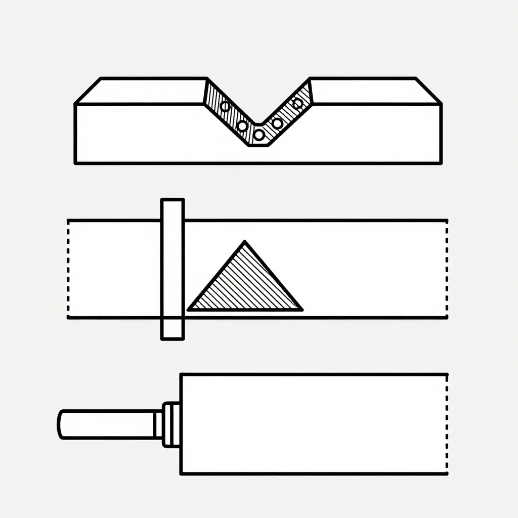 Flat line-art schematic showing three ARFF foam tank weld joint cross-sections: a full-penetration butt weld between shell plates, a fillet weld joining an internal baffle to the shell, and a nozzle penetration weld through the tank wall, each enclosed by a dashed inspection-zone outline