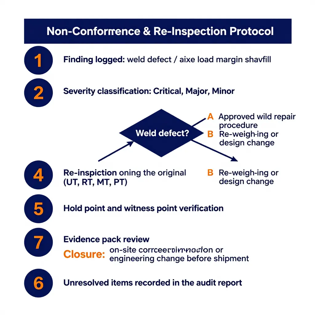 Non-conformance and re-inspection workflow for an ARFF truck factory audit