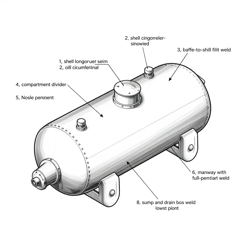 Schematic of an ARFF foam tank showing shell longitudinal and circumferential seams, baffle-to-shell fillet welds, nozzle and manway penetrations, and sump and drain boss weld locations