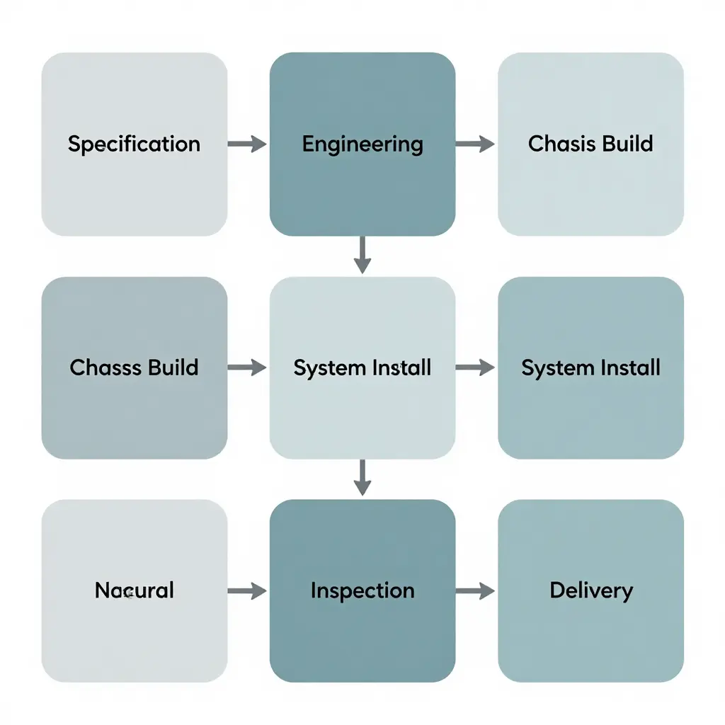 Fire truck customization lead-time flow diagram showing seven sequential stages, from Specification and Engineering through Chassis Build, Body Fabrication, System Install, Inspection, and Delivery, connected by left-to-right arrows.
