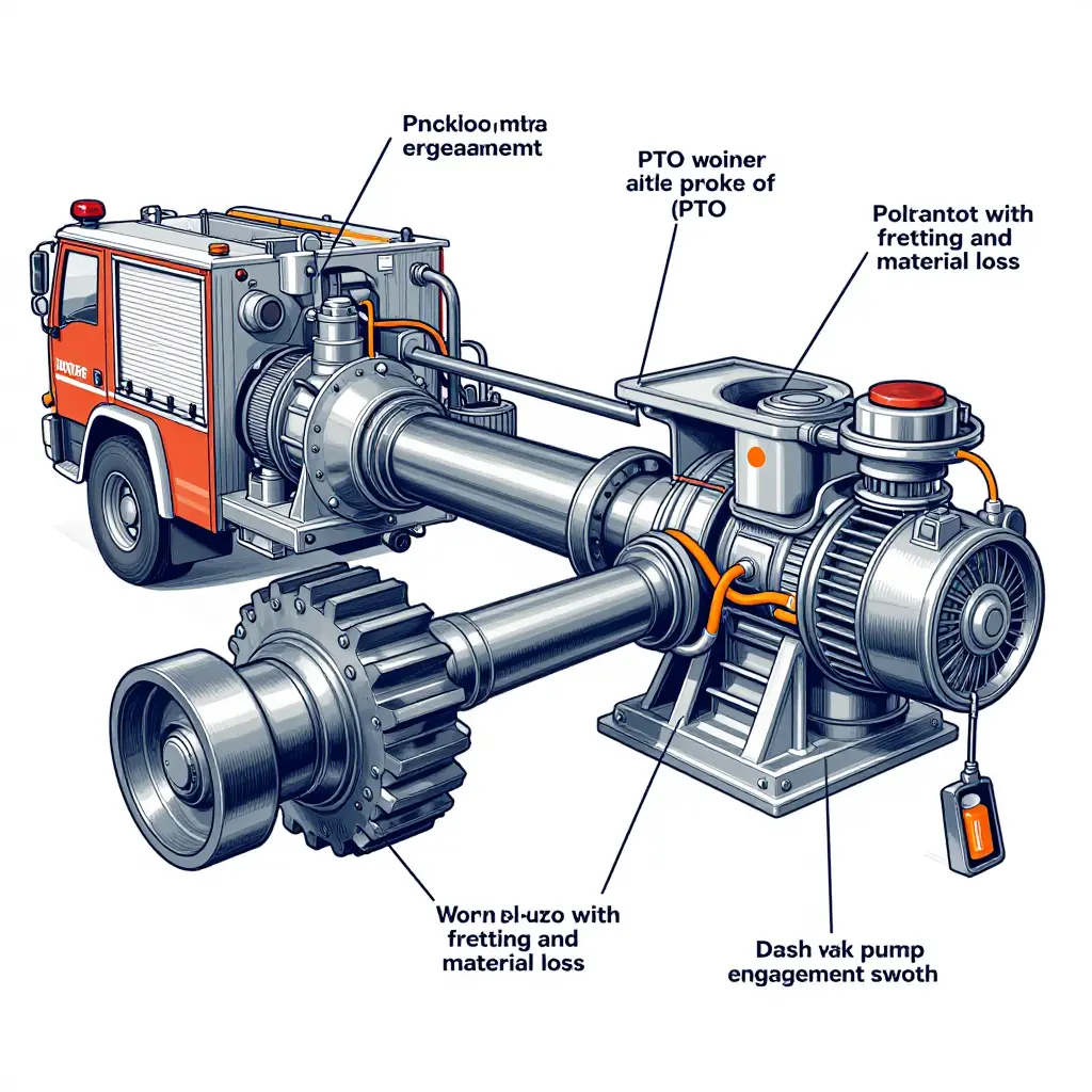 Diagram of an ARFF pump driveline showing the PTO unit, spline shaft, pump drive, and pneumatic control circuit with wear and leak points