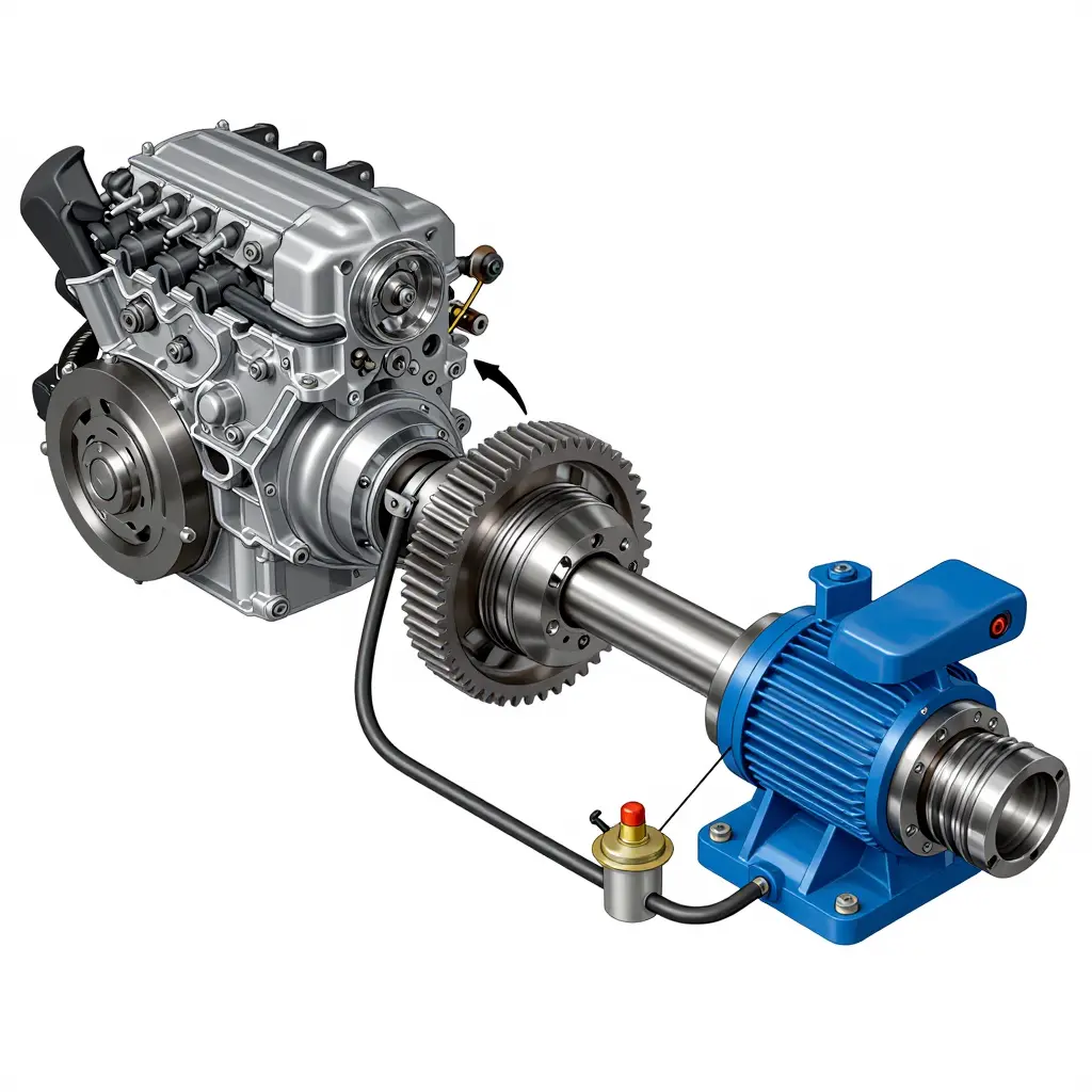 Cutaway diagram showing the PTO driveline path from engine flywheel through the PTO gearset and spline coupling to the fire pump input shaft, with an air cylinder shift mechanism
