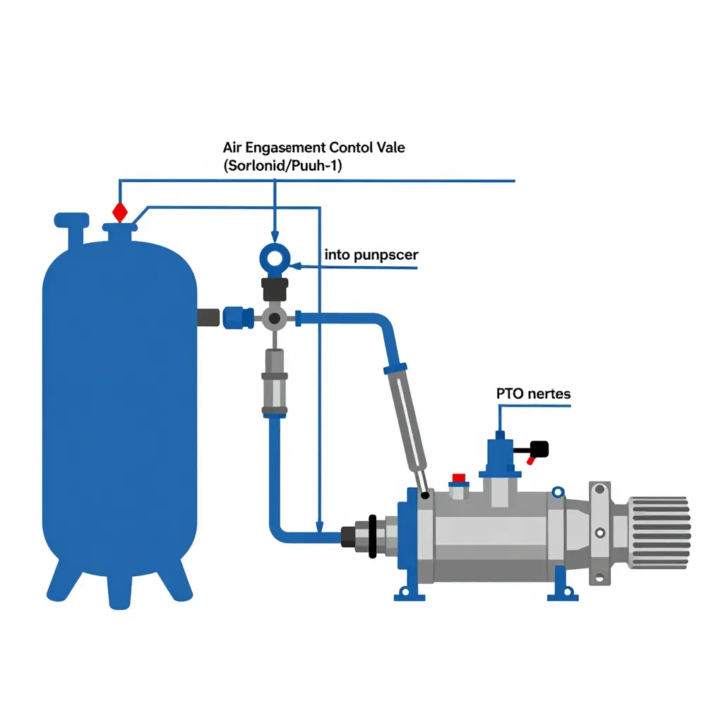Pneumatic PTO engagement circuit schematic showing air reservoir, engagement control valve, airline fittings, seals, and PTO actuator