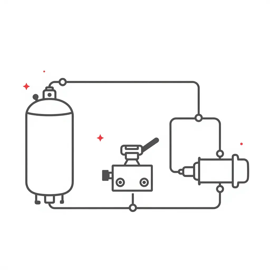 Minimalist 2D schematic of a fire truck pump-engagement pneumatic control circuit showing an air reservoir, control valve, airline fittings, seal junctions, and a PTO actuator, with small leak-point markers highlighting common leak locations
