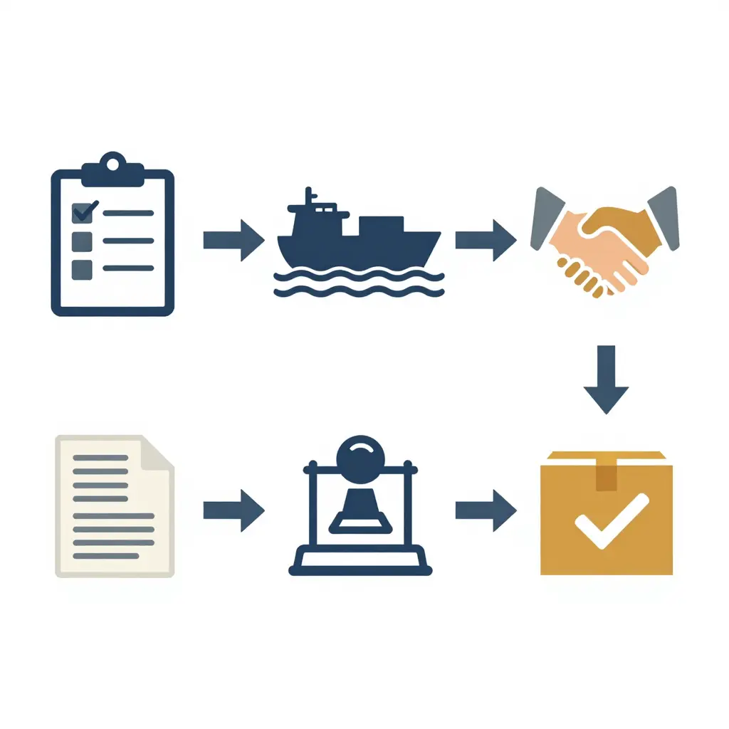 2D schematic flow diagram showing the five-stage port handover process for China airport fire truck wholesale: pre-shipment inspection release, vessel departure, arrival notice, customs clearance, and final delivery handover, linked by directional arrows in an industrial color palette