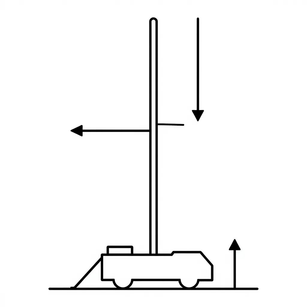 Mast load vector diagram showing horizontal wind load along the mast, downward payload weight at the mast tip, the resulting overturning moment about the base, and the counteracting outrigger reaction at ground level