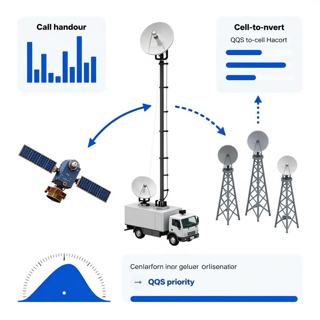 Diagram of command vehicle satellite and cellular call handover with link budget headroom and failover path