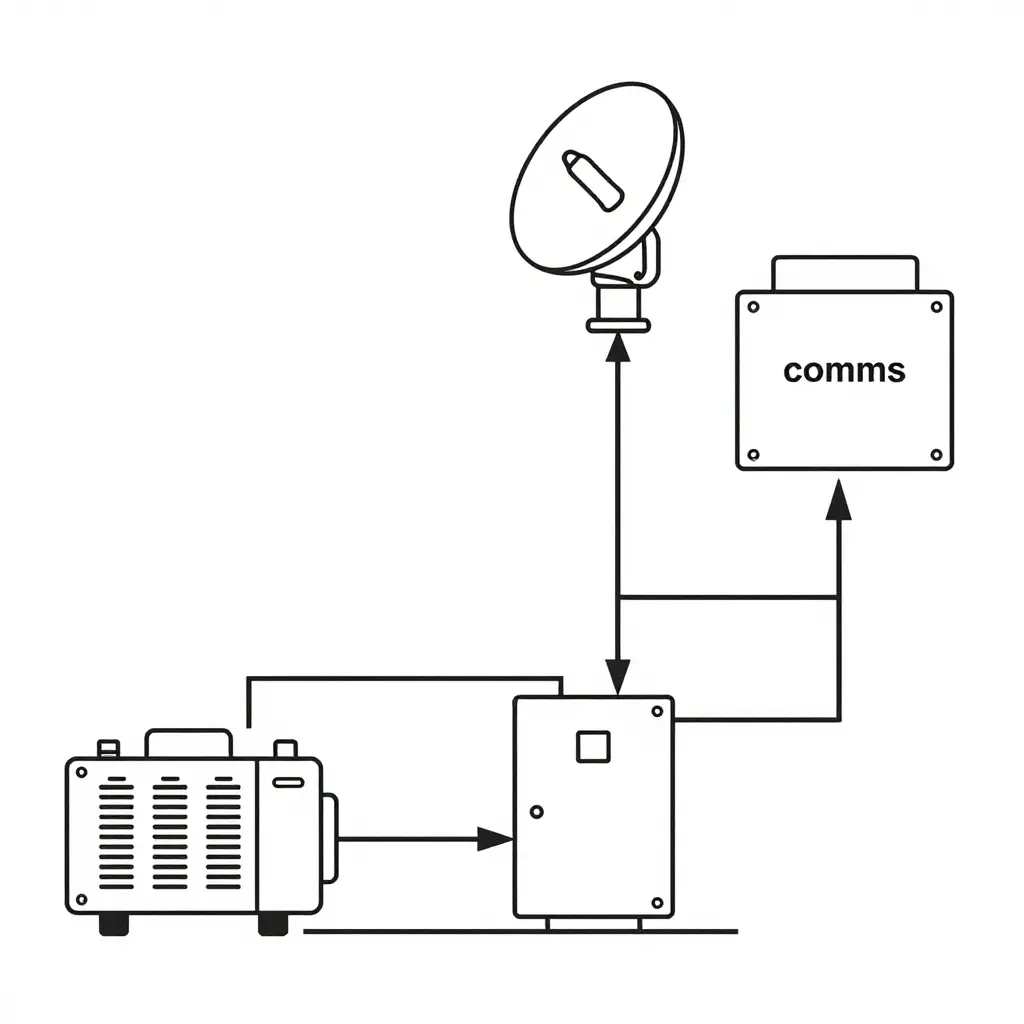 Schematic block diagram of command vehicle power and signal flow from genset and shore power through the distribution panel to the comms rack and mast-mounted satellite/cellular uplink