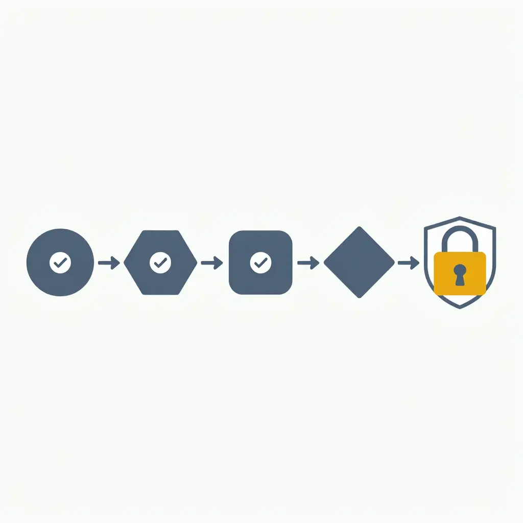Flat 2D schematic diagram showing the custom fire apparatus design freeze gate flow: a left-to-right sequence of connected milestone nodes (circles, hexagon, rounded square, diamond) linked by arrows and feeding into a final locked padlock-shape configuration representing the frozen design