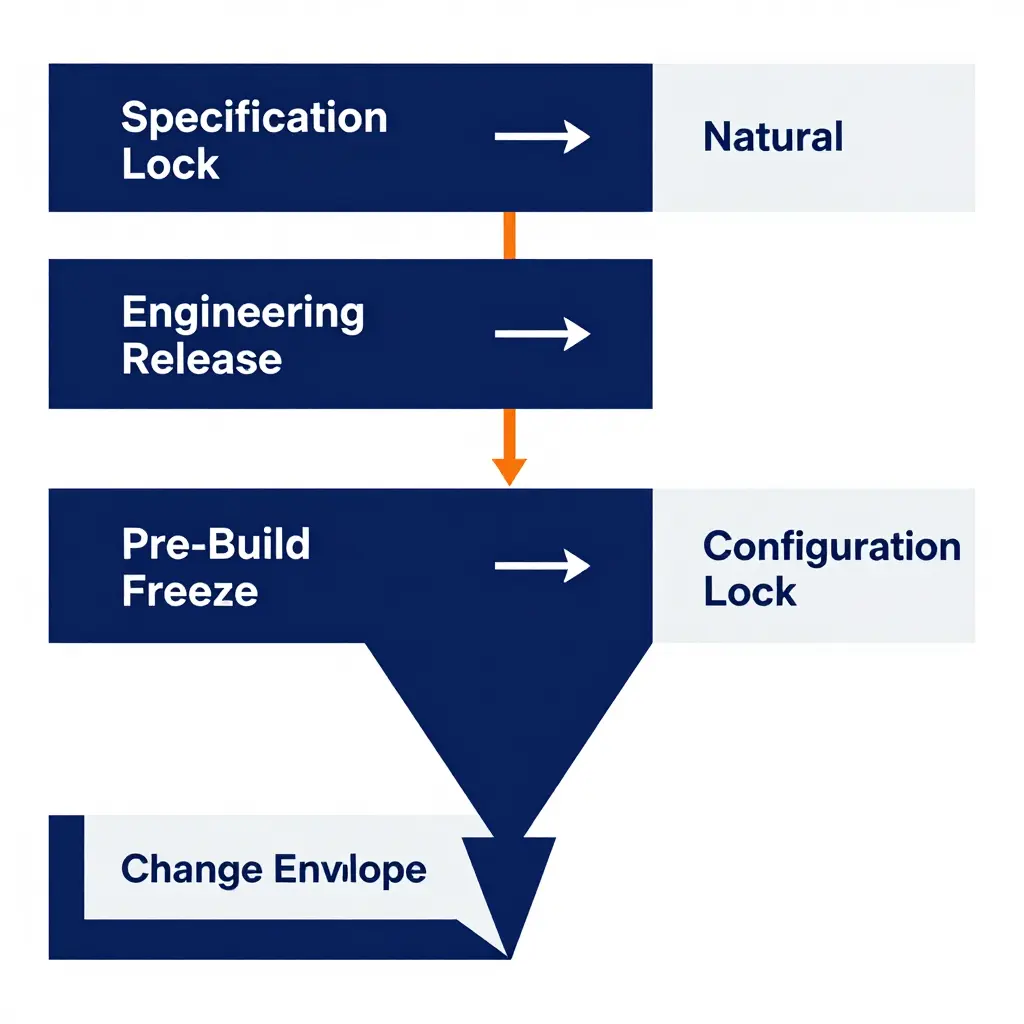 Process flowchart of custom fire apparatus design freeze milestones, showing Specification Lock, Engineering Release, Pre-Build Freeze, and Final Release over a narrowing change envelope
