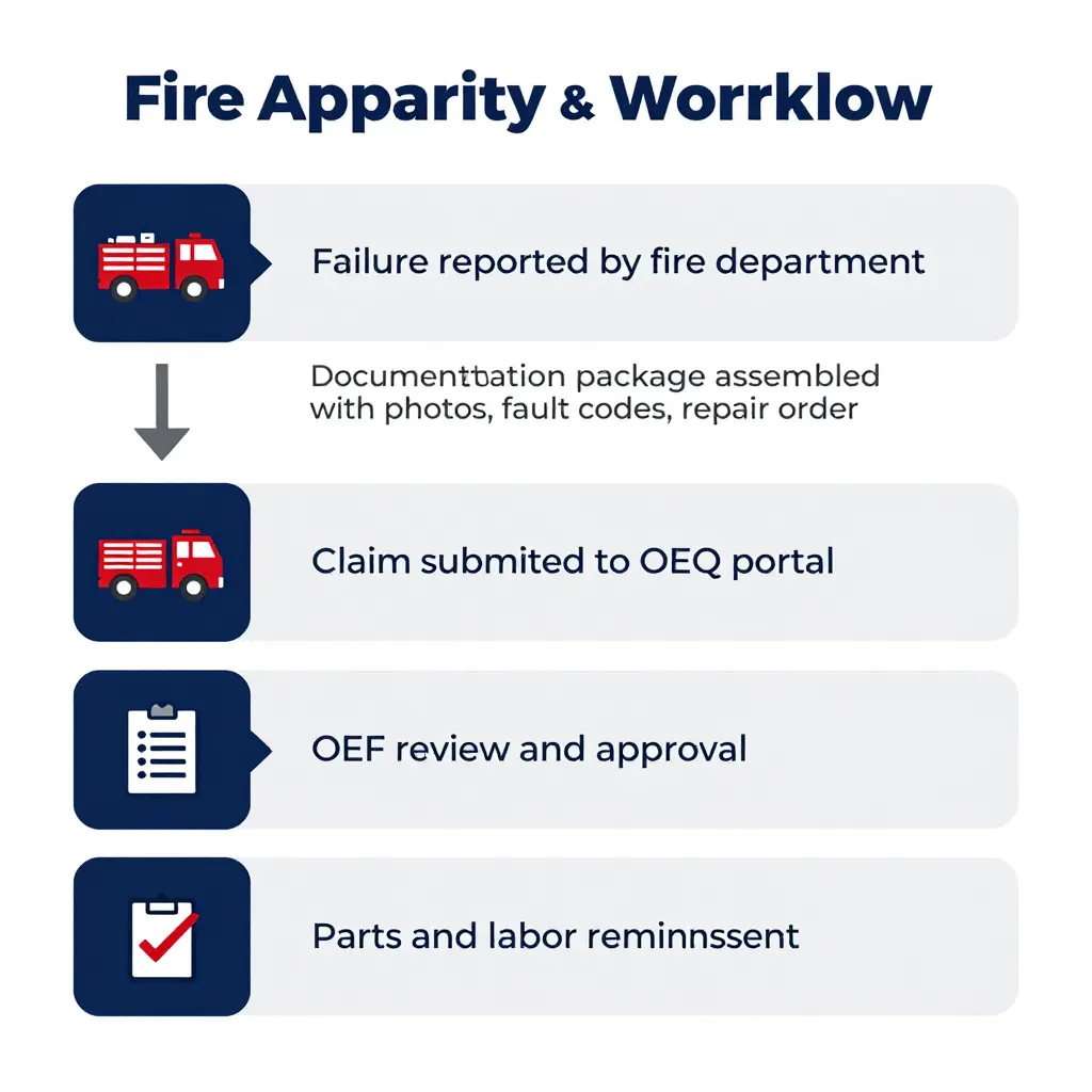 Warranty claim workflow for fire apparatus dealers, from failure report to reimbursement