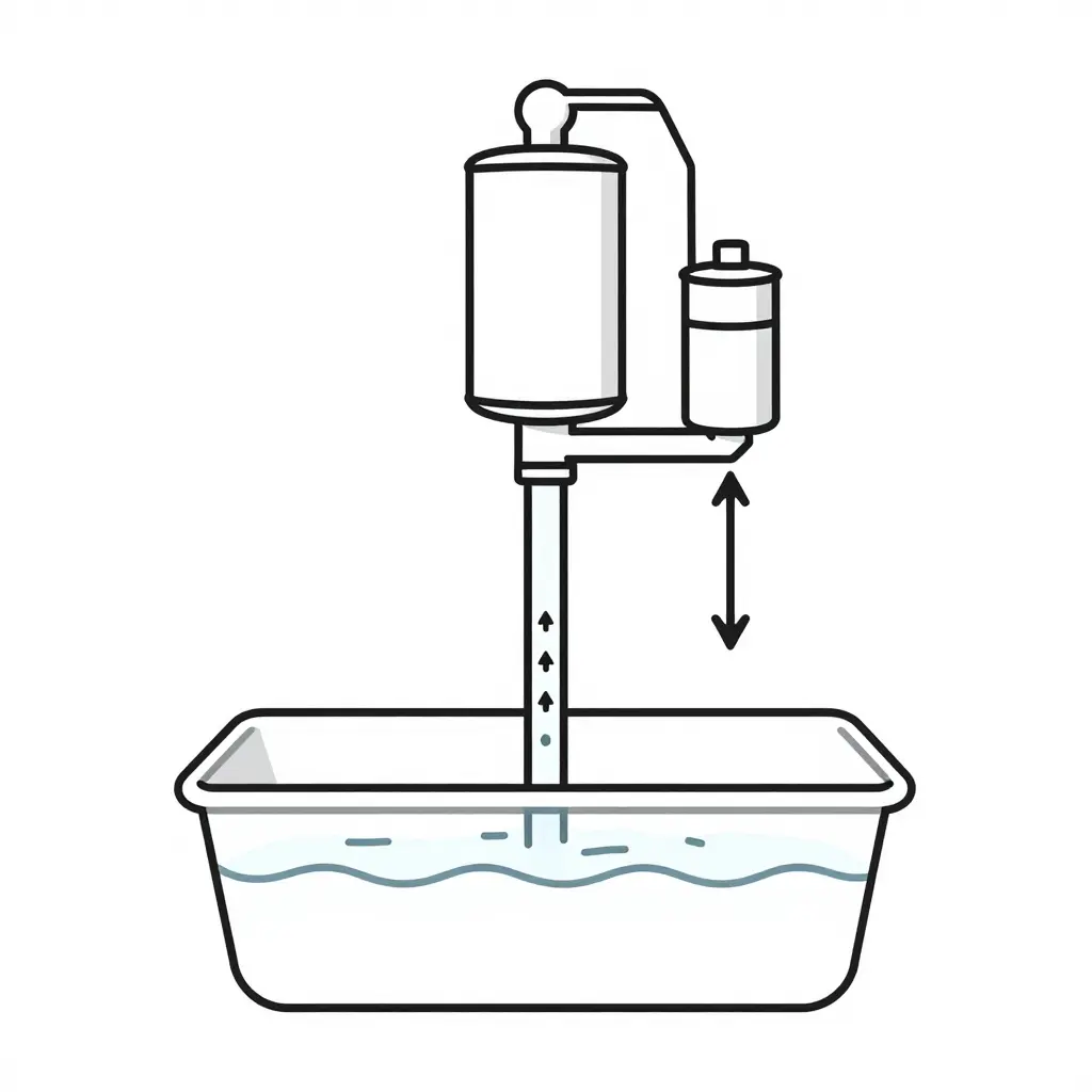 Simple 2D line-art schematic of a fire pump priming system showing a water source at the bottom, a vertical lift line rising into a pump body, and a vacuum or air evacuation path drawing air out to pull water upward.