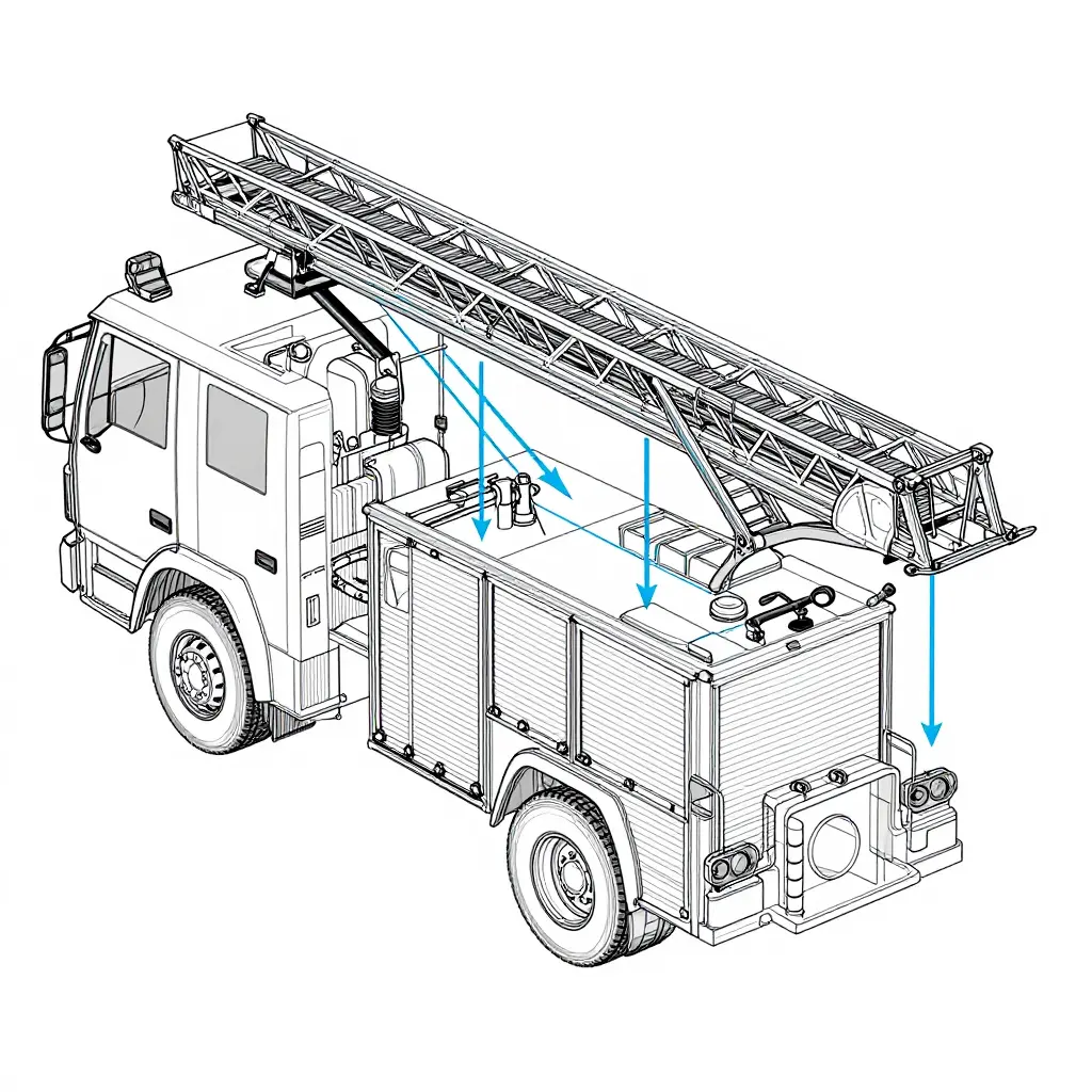 Blueprint schematic of chassis rails, subframe mounts, tank baffling and plumbing routing