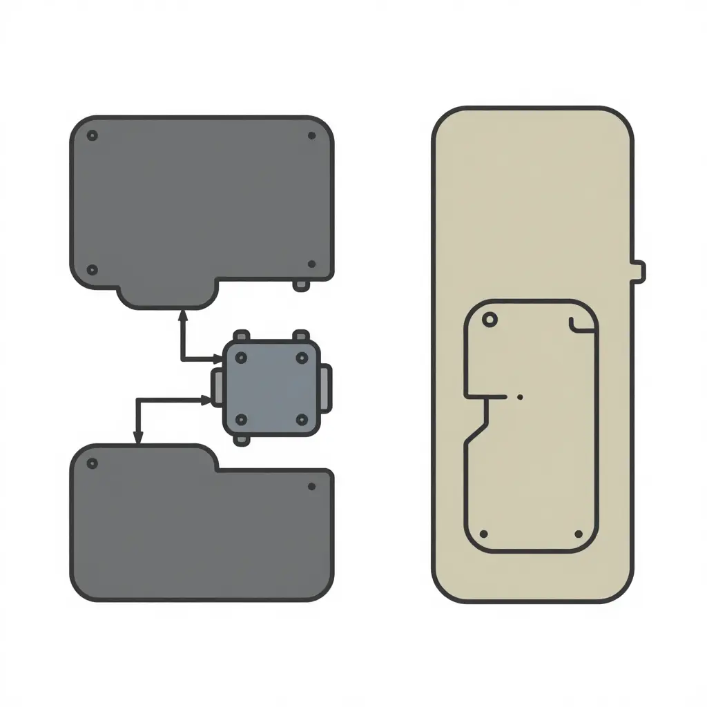 Side-by-side flat schematic comparing an OEM upfit build path (chassis, upfit body and pump module as separate blocks with bracketed interface boundaries) against a chassis-integrated build path (chassis and body merged into one continuous structure with a single recessed pump module) and shared control interface markers