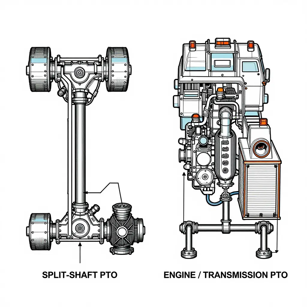Schematic comparing a split-shaft PTO mid-ship pump drive layout with a transmission PTO pump drive