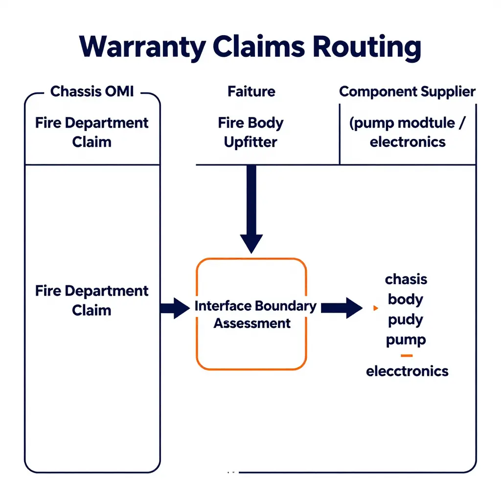 Warranty claims routing diagram showing a fire department claim splitting between chassis OEM, body upfitter, and component supplier through an interface boundary assessment node
