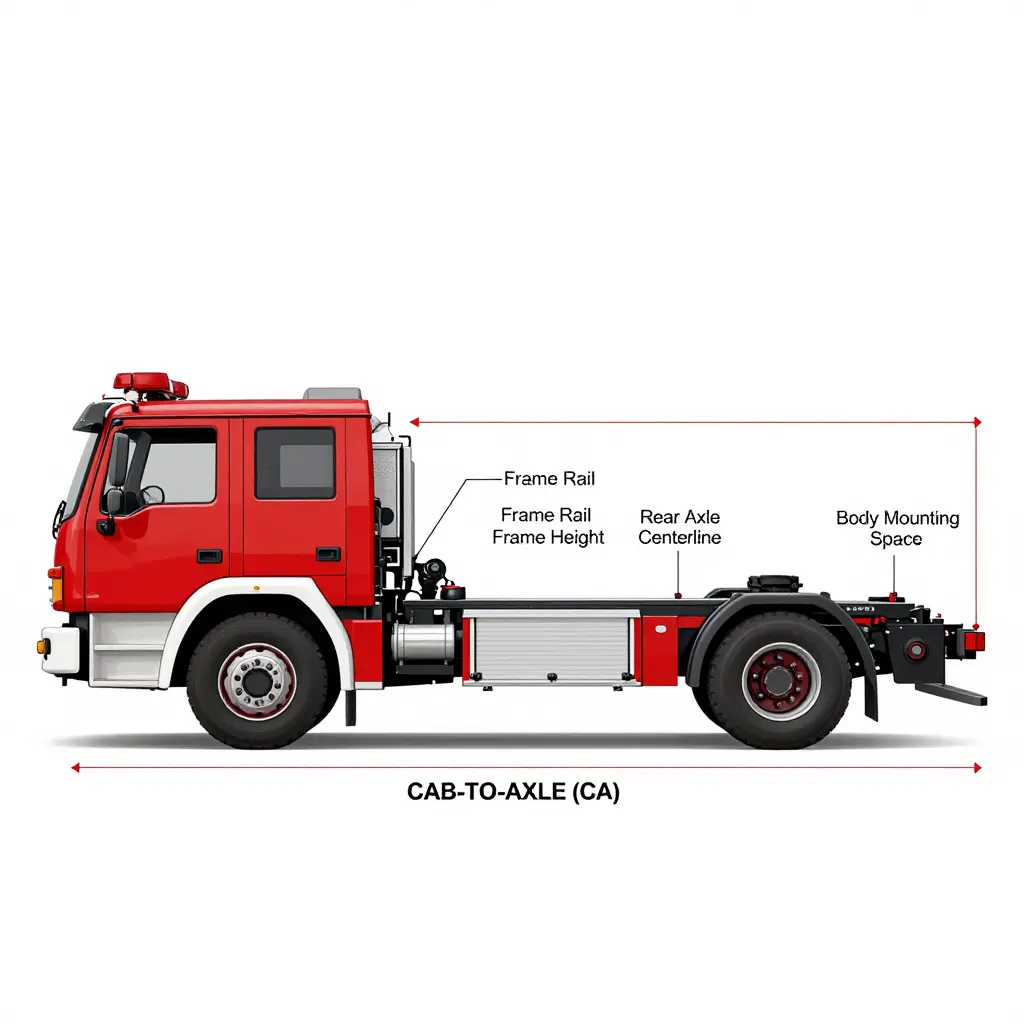 Side-view diagram of a fire truck chassis showing the cab-to-axle (CA) dimension measured from the back of the cab to the rear axle centerline, with labeled frame rail, frame height, and body mounting space