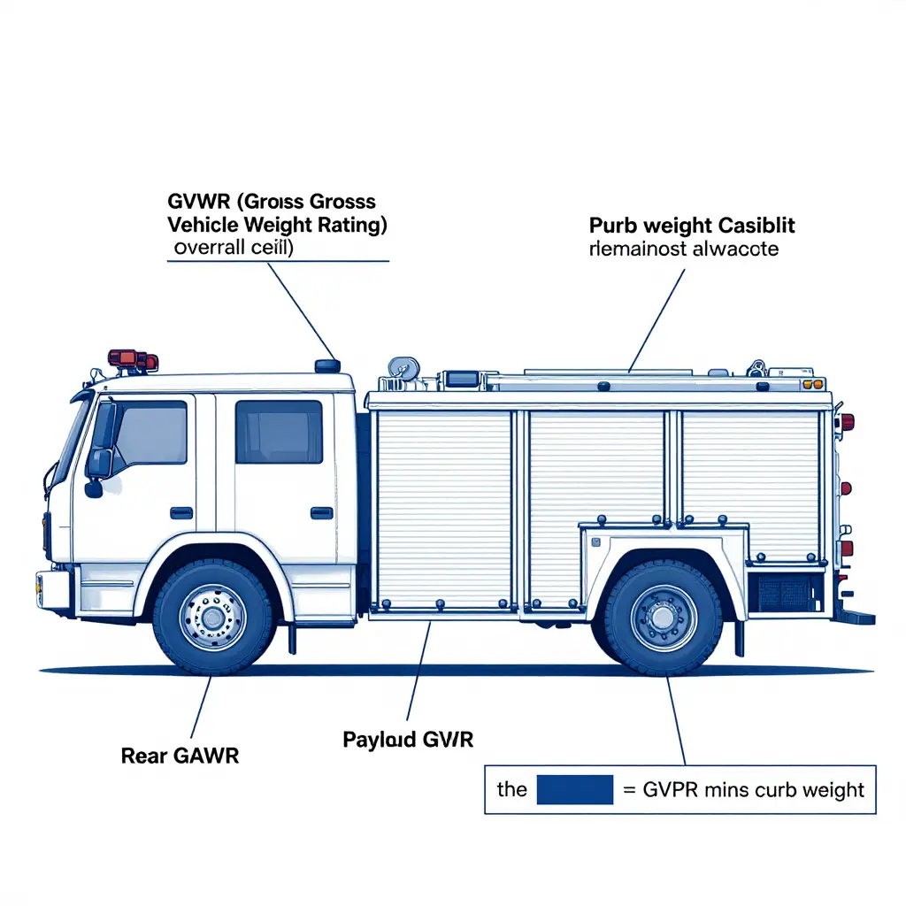 Diagram of a fire truck chassis showing how GVWR, front and rear GAWR, curb weight, and payload capacity relate.
