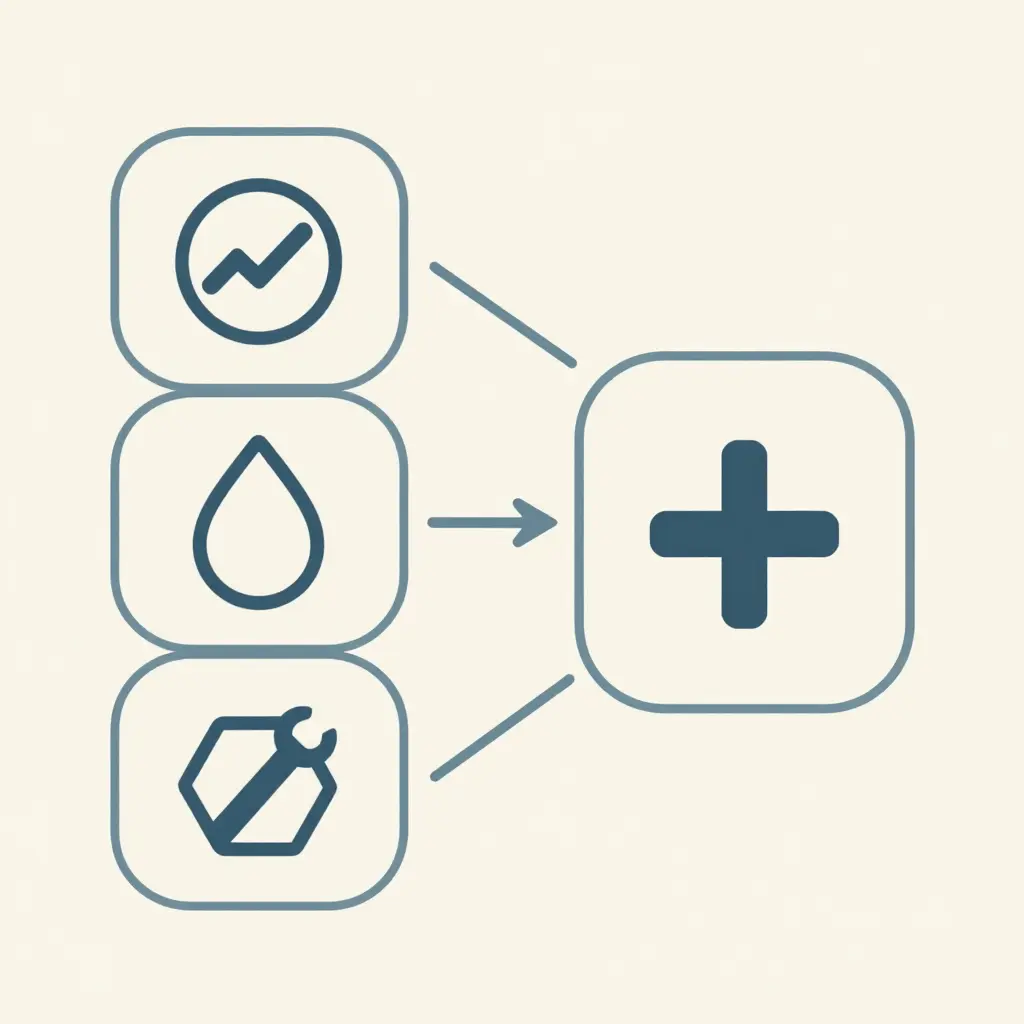 Flat 2D schematic of three stacked cost pools - crew staffing, idle fuel burn, and maintenance reserve - each feeding by a thin arrow into one aggregated cost-per-ready-hour block