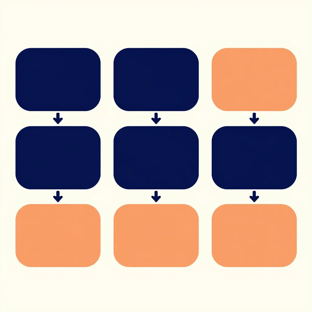 Minimalist two-dimensional flow diagram showing five sequential steps, from cost data capture through component aggregation, ready-hour normalization, and cross-class comparison to final budget allocation, illustrated as blank rectangular nodes joined by directional arrows in a flat navy and orange two-tone style.