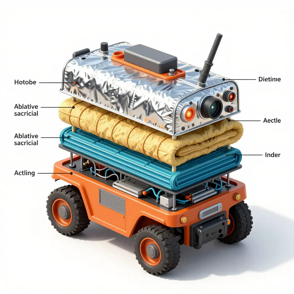 Cross-section diagram of heat shielding layers on an apron firefighting robot, showing a reflective skin, insulating blanket, ablative layer, and liquid-cooling channels protecting the chassis, sensors, and electronics