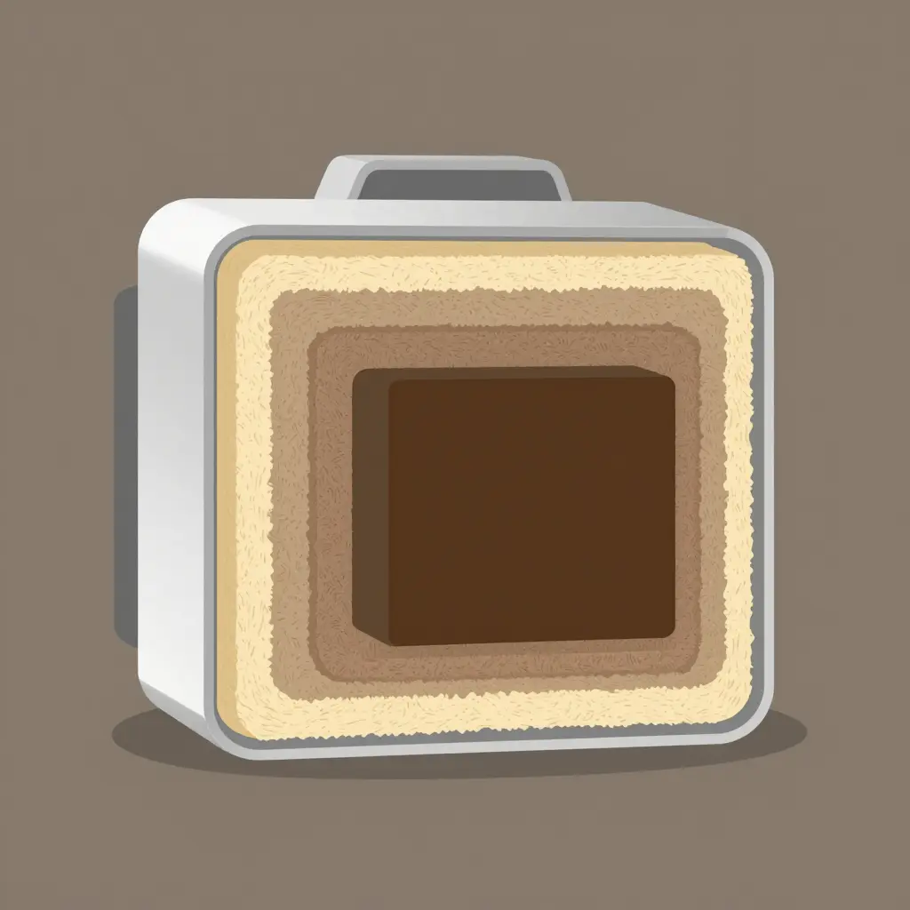 Cross-section schematic of a firefighting robot electronics enclosure showing four stacked heat shielding layers: an outer reflective skin, a fibrous insulating blanket, a dense thermal barrier, and the protected internal core.