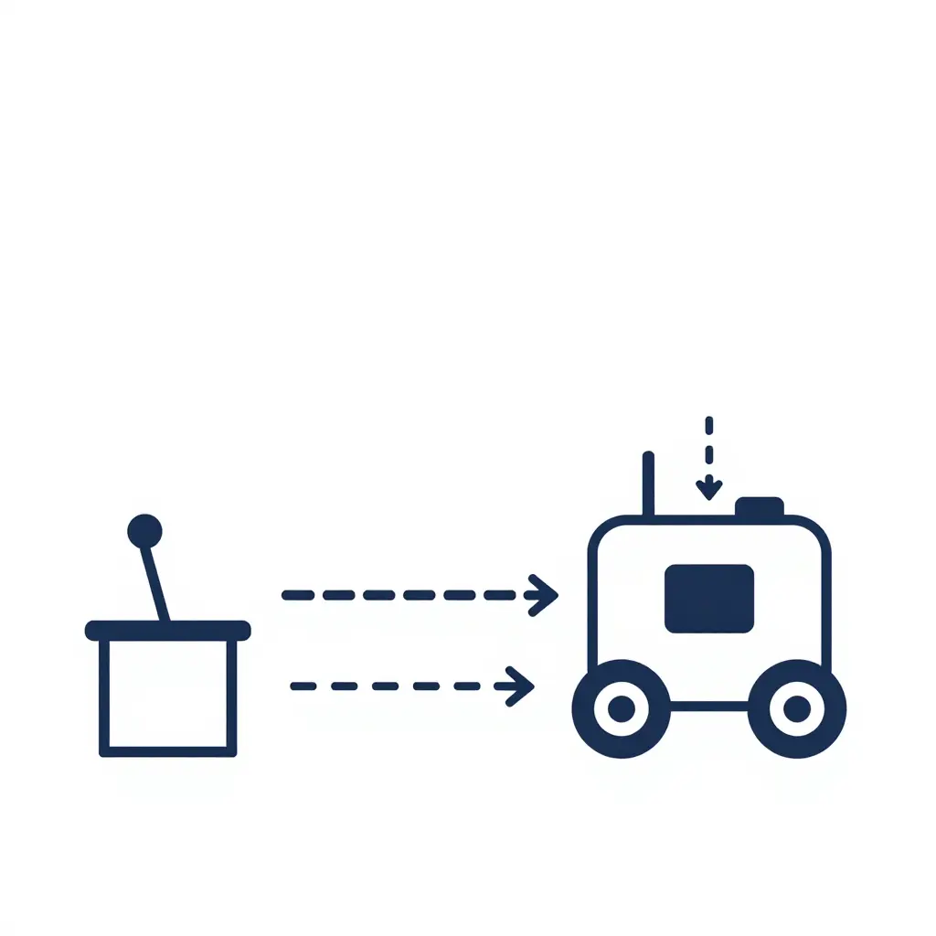 2D schematic of a redundant communication architecture for an apron firefighting robot showing the operator control station, primary radio link, backup link, and onboard autonomous fail-safe module with a failover path