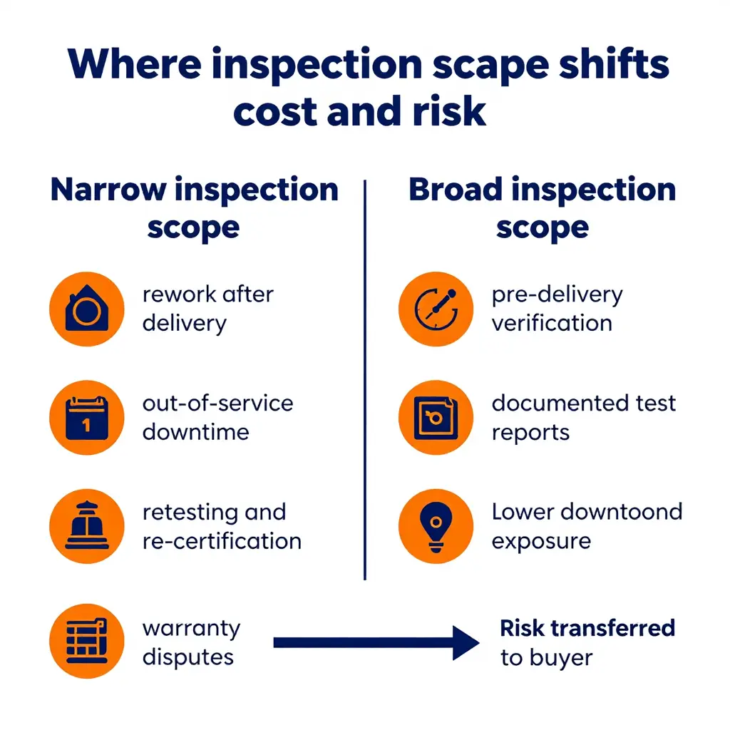 Infographic showing how narrow versus broad inspection scope shifts cost and risk between seller and buyer