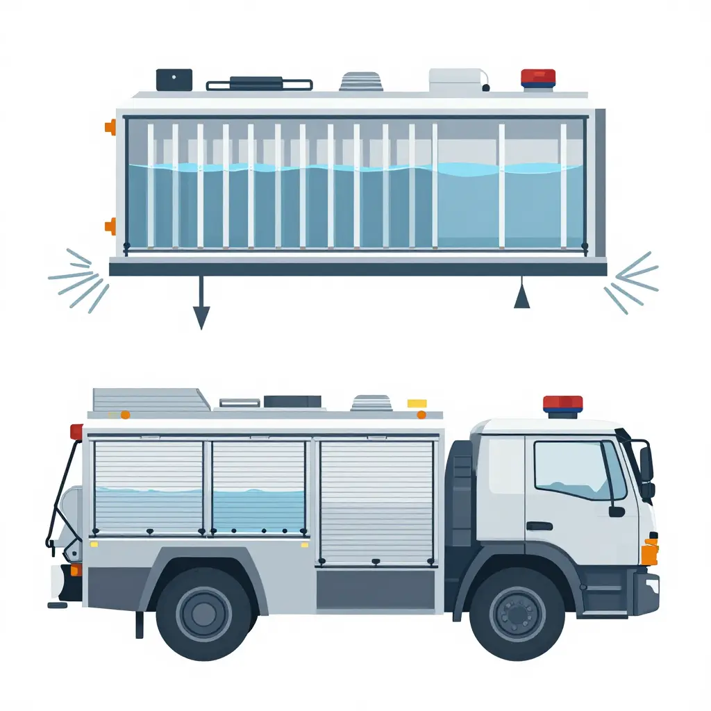 Cutaway diagram of a compact fire truck water tank showing transverse and longitudinal baffles, half-full water level, surge direction arrows, and labelled weep holes, vent holes and baffle-to-shell welds