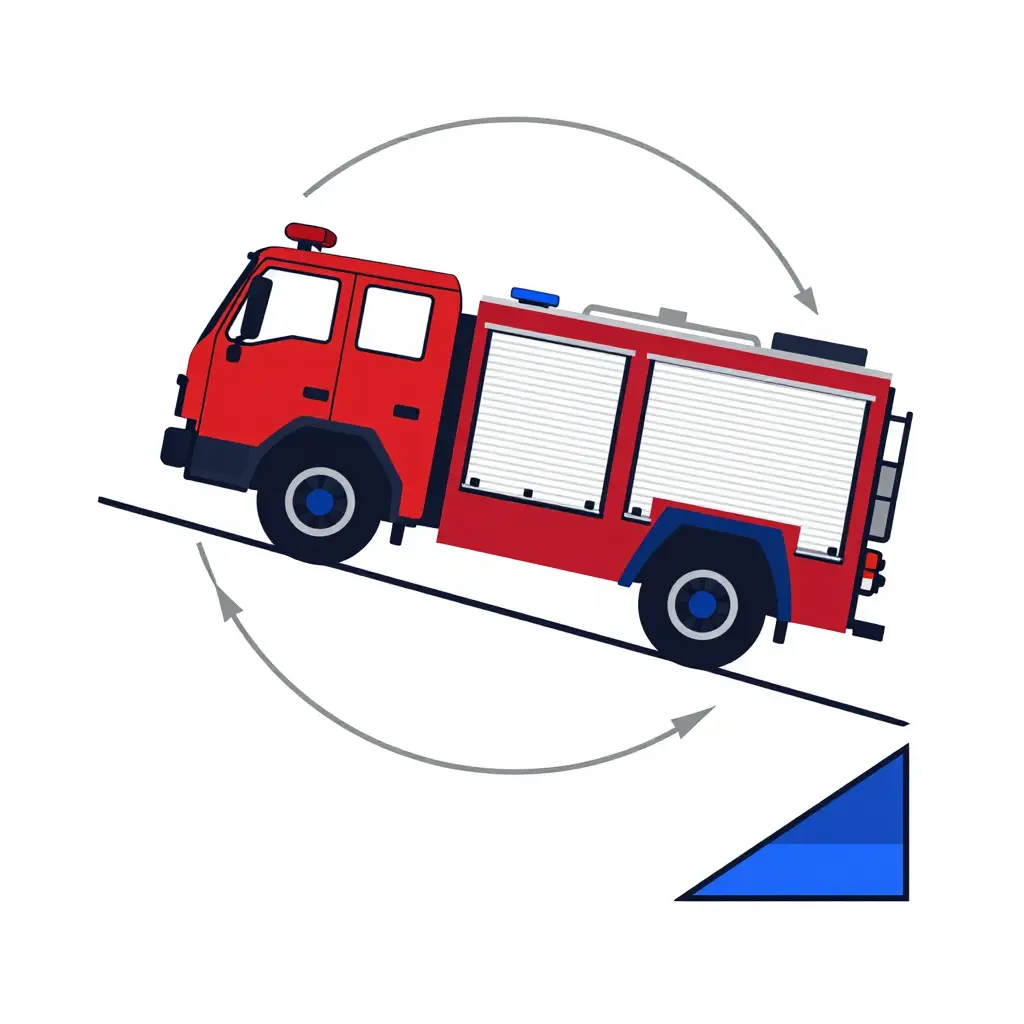 Side-profile schematic of a compact fire truck on a slope showing the approach angle at the front bumper, the departure angle at the rear step, the breakover angle beneath the wheelbase, and a small slope triangle illustrating grade ratio
