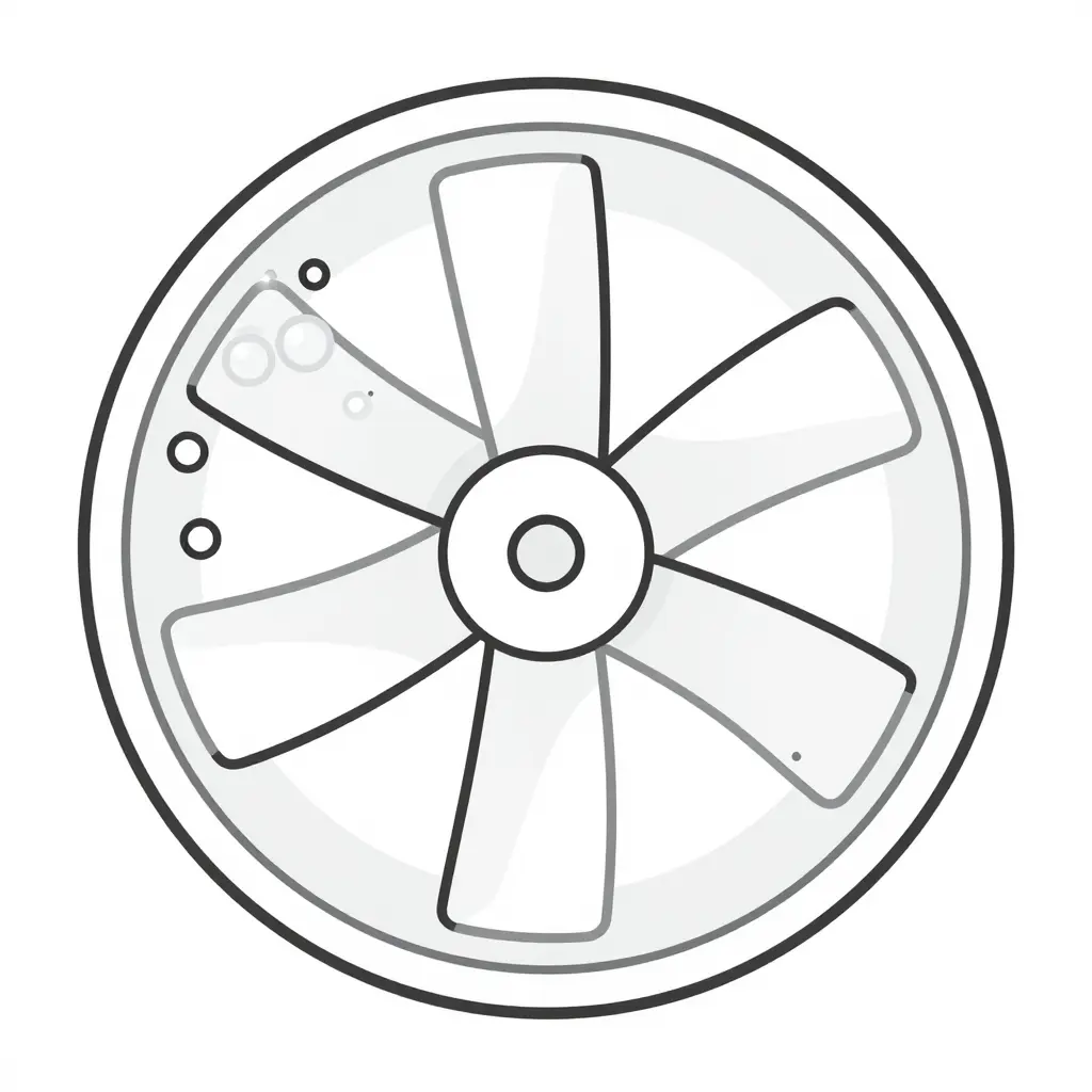 Flat 2D technical line-art schematic of a fire pump impeller cross-section showing the volute casing and curved impeller blades, with vapor bubble pockets forming on the low-pressure inlet side and collapsing bubbles on the high-pressure discharge side, illustrating the cavitation mechanism.