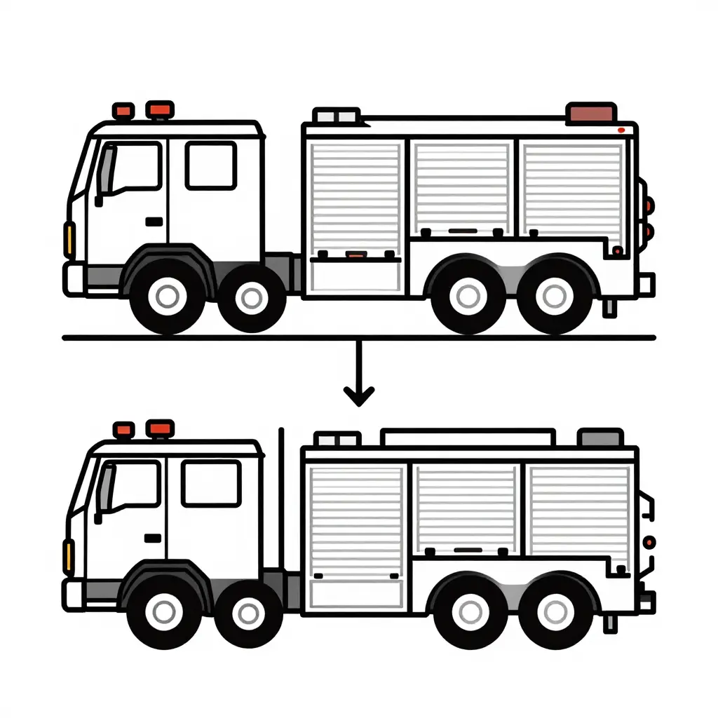 Flat 2D schematic of heavy fire truck towing logistics showing top-down and side-view of a tractor towing a fire apparatus, with arrows for axle load distribution, wheelbase, and route distance segments