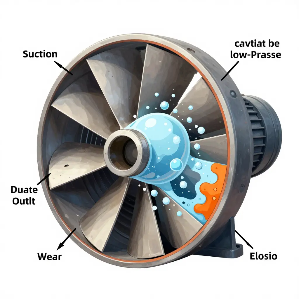 Cutaway diagram of a centrifugal fire pump impeller showing cavitation vapor bubbles forming at the impeller eye and collapsing against the impeller face, with labeled suction inlet, discharge outlet, volute casing, wear ring, and pitted erosion zones.
