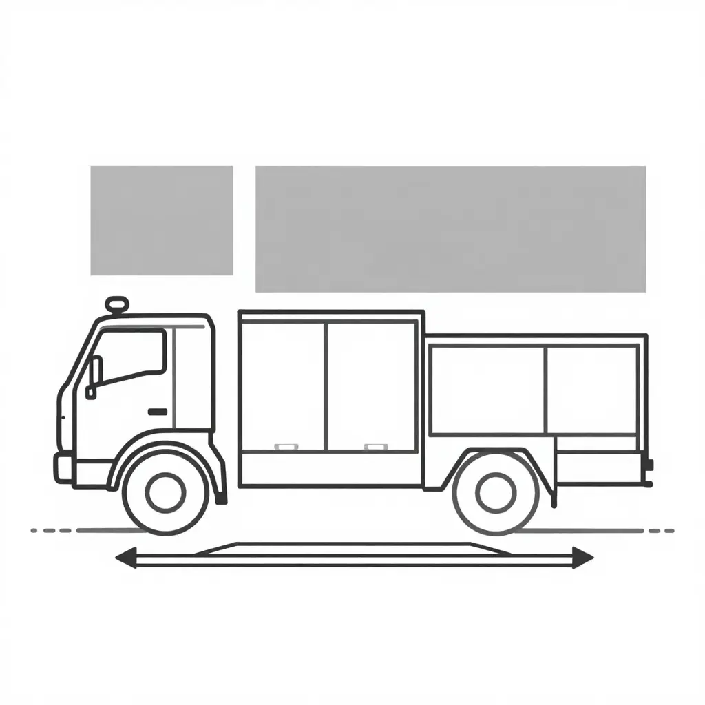 Minimalist side-profile schematic of a rescue truck chassis showing shaded compartment loads and a load-balance beam indicating the front- versus rear-axle load split