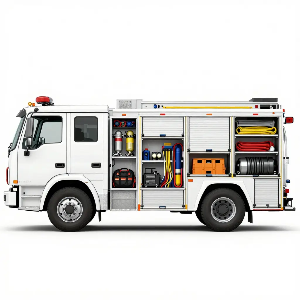 Technical side-view schematic of a rescue truck showing front, mid, and rear compartment zoning, walk-in body cutaway with adjustable shelving, roll-up and hinged doors, and color-coded hydraulic, pneumatic, and electrical routing.