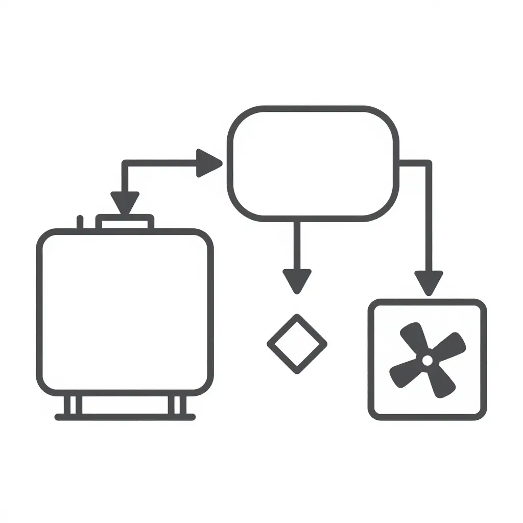 Simplified 2D flat vector schematic of an ARFF truck foam system showing a water tank, foam concentrate tank, proportioner and pump connected by arrows that indicate agent flow direction