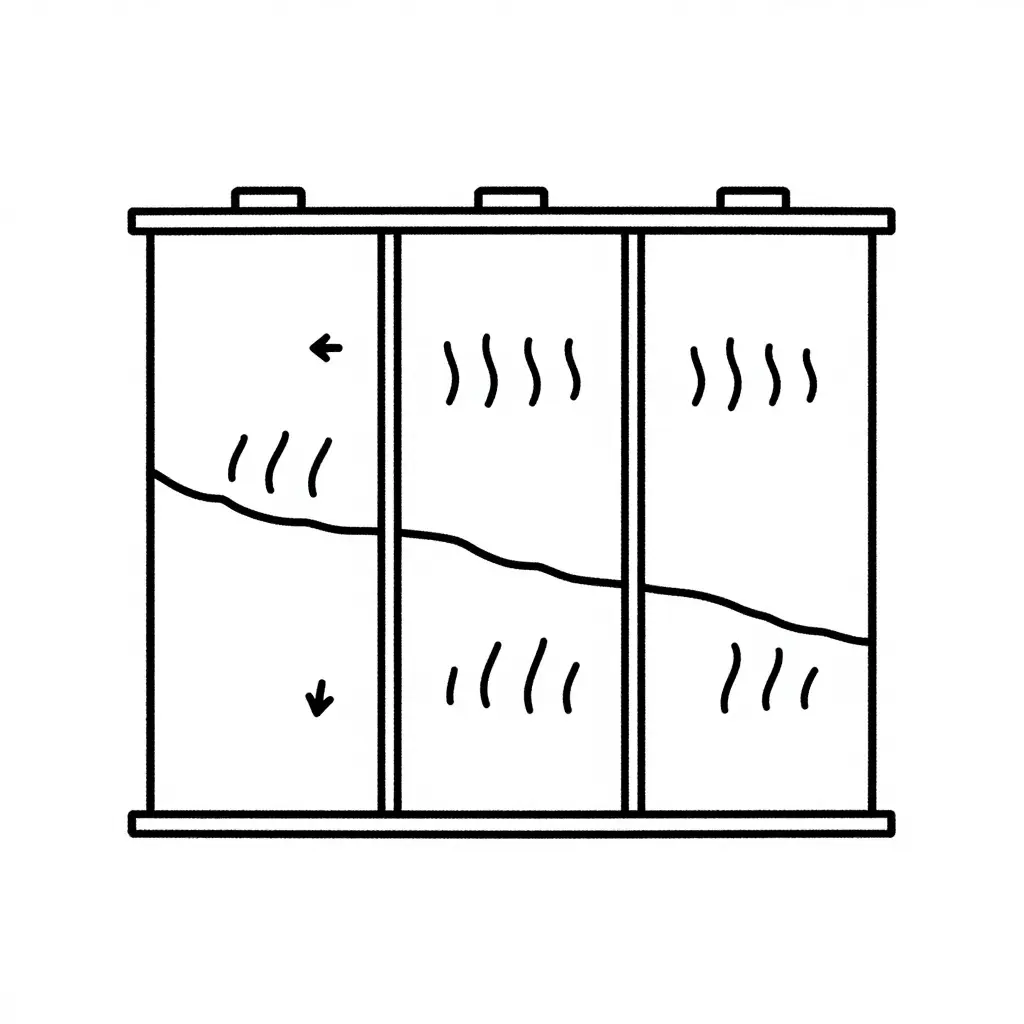 Monochrome line-art cross-section schematic of a water tank divided into compartments by transverse baffles, with arrows showing fluid surge direction and restrained movement inside each compartment