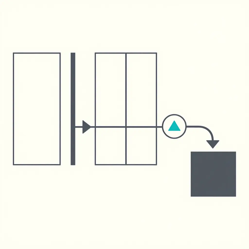 Minimal monochrome block-and-arrow process schematic showing the water path from fill source through fill port, internal piping, tank compartments, and transfer pump to discharge