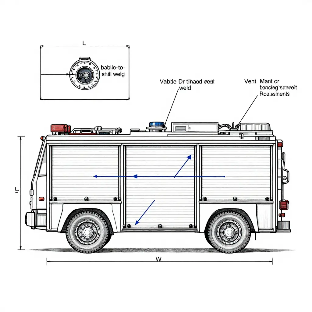 Technical cross-section drawing of a fire apparatus water tank showing transverse baffles dividing the tank into compartments, with dimension labels for compartment length, tank depth and tank width, surge direction arrows, and callouts for baffle welds, transfer openings and wall reinforcement.
