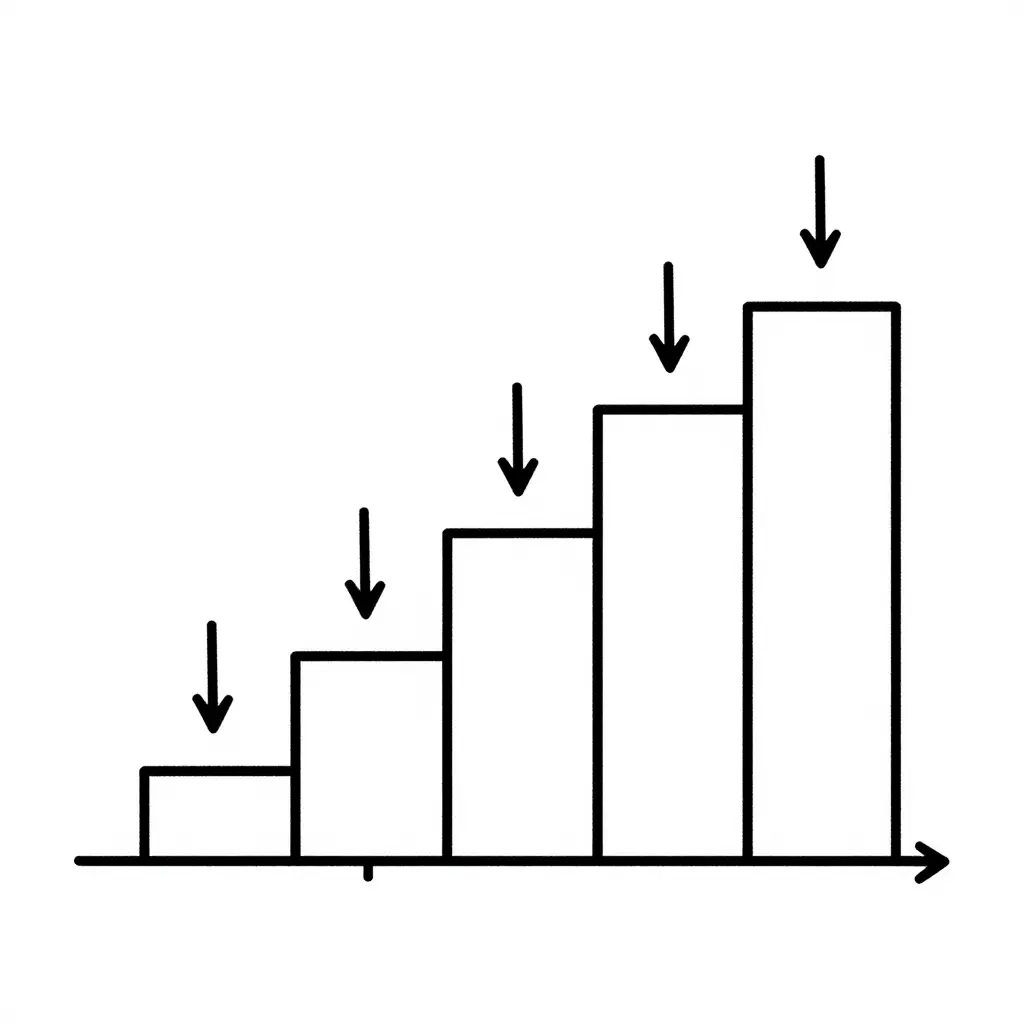 Simple 2D schematic showing change order costs accumulating as stacked incremental blocks rising in step formation along a horizontal build timeline