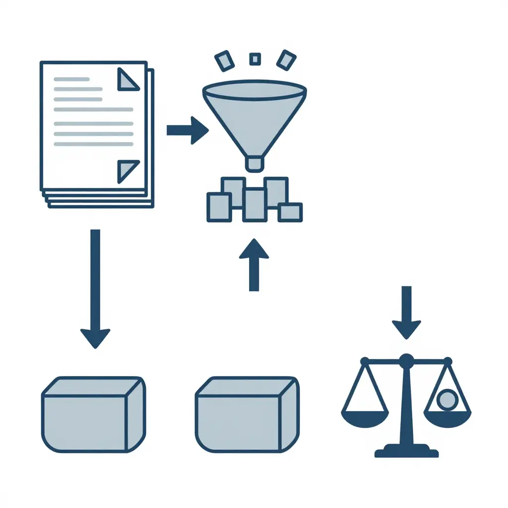 A minimal schematic flow diagram illustrating the bid leveling process as four connected stages: raw bid documents, a normalization funnel that aligns uneven inputs into uniform blocks, a row of identical comparable package boxes, and a balanced scale representing true cost comparison.