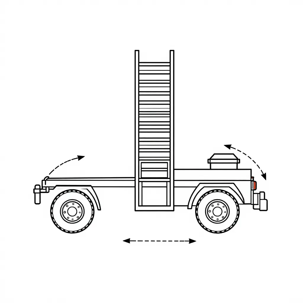 Rear axle steering geometry schematic of a tiller fire truck, showing the front axle, central chassis frame, and rear steering axle with dashed arcs and curved arrows indicating how the rear wheels pivot independently from the front wheels.