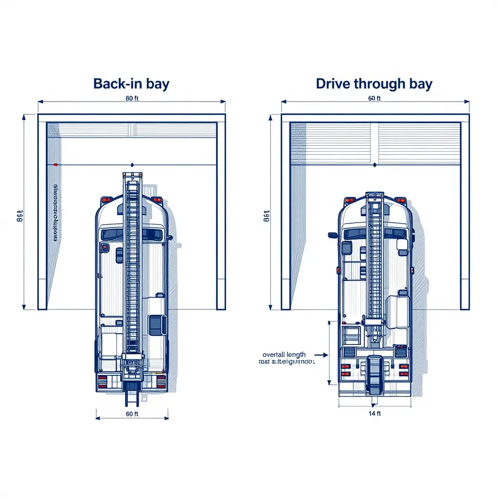 Blueprint diagram of back-in and drive-through fire station apparatus bays for a tiller fire truck, showing overall apparatus length, rear overhang clearance, door and apron dimensions, and rear axle steering pivot point