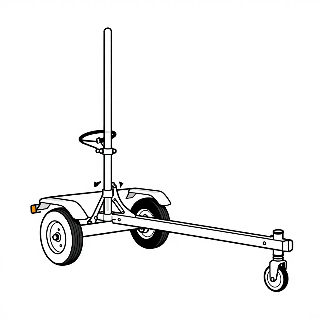 Simplified 2D line diagram of a tiller trailer rear steering system showing the tiller cab, steering column, linkage running to the rear steering gear, rear axle, and wheels, with arrows marking steering input and response.