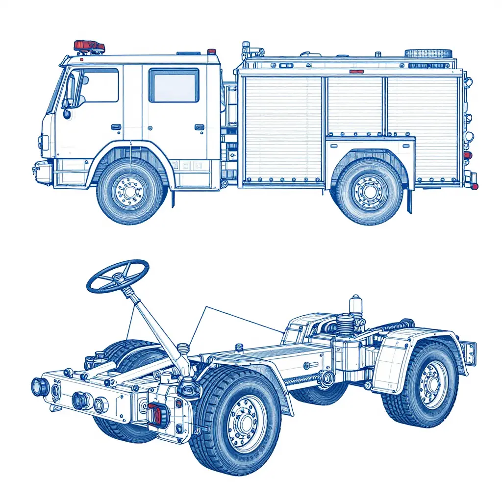 Blueprint-style schematic of a tiller truck rear axle steering system showing the tiller cab steering wheel, drag link, tie rod ends, kingpins, and rear steering gearbox