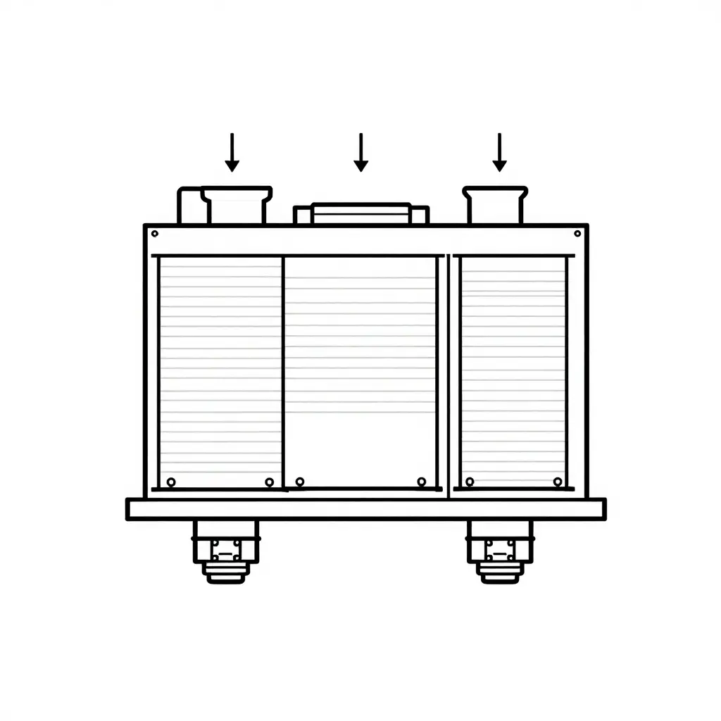 Minimalist 2D line schematic of a generic ARFF foam tank showing key inspection points including tank seams, weld joints, internal baffles, base plate contact areas, and outlet and pump connection flanges, illustrated with clean black-and-white vector lines and callout arrows